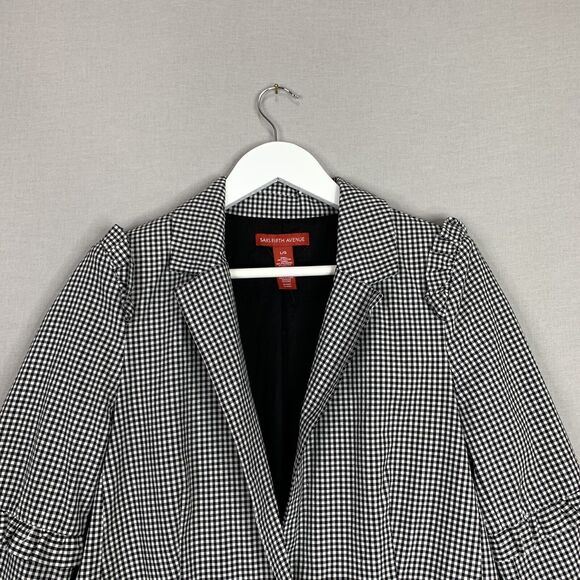 Saks Fifth Avenue Blazer Womens L Black Gingham Ruffle Jacket Preppy Old Money - Picture 2 of 9